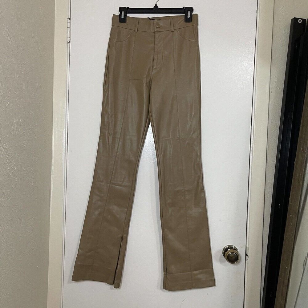 NEW! ZARA tan faux leather straight leg high rise ankle zip pants size SMALL